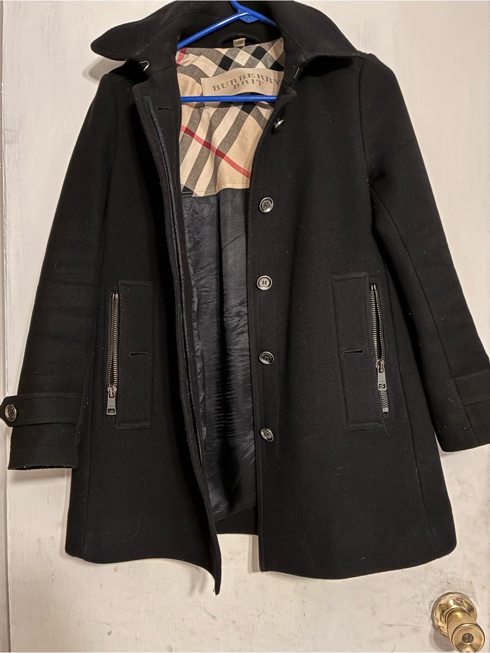 Burberry Black Wool Pea Coat with Signature Check Lining